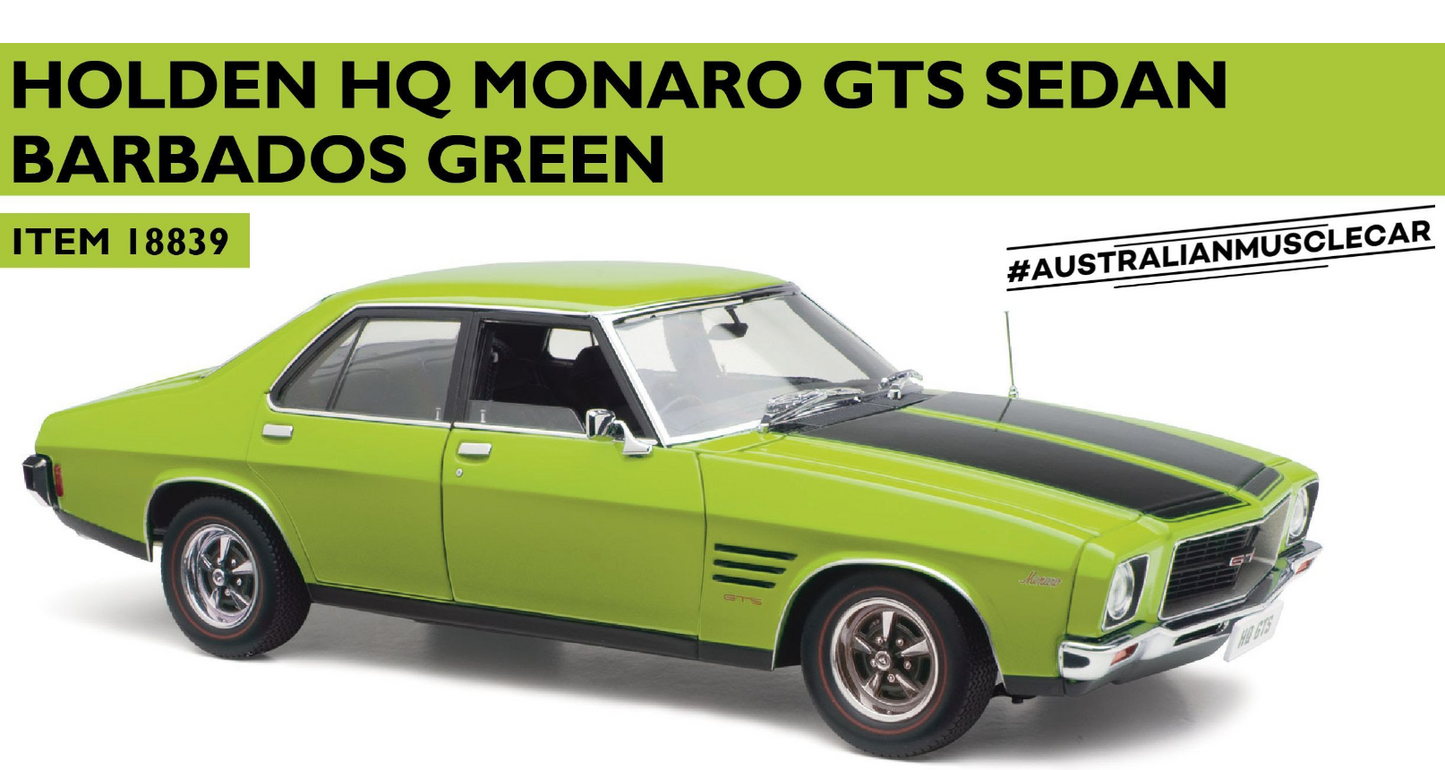 1:18 Classic Carlectables Holden HQ GTS Monaro Sedan Barbados Green 18839