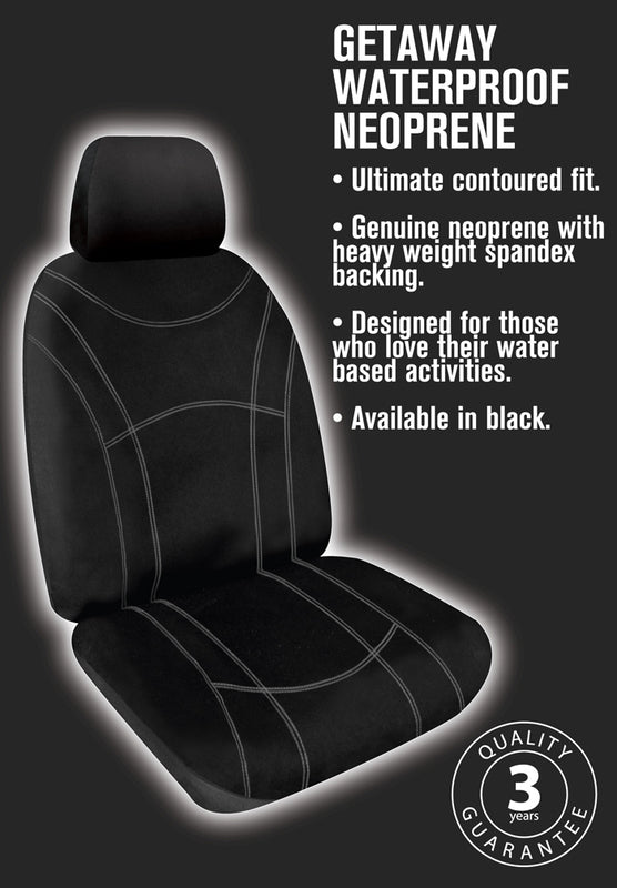 Getaway Neoprene Seat Covers suits Toyota Hilux Workmate Dual Cab 10/2015-On Black Stitch