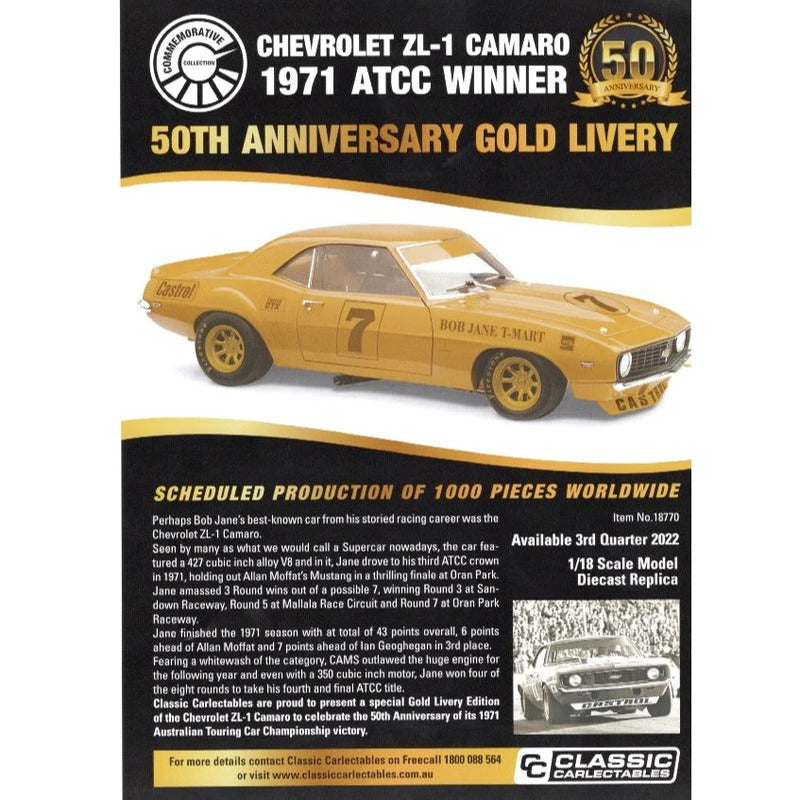 1:18 Classic Carlectables Chevrolet ZL-1 Camaro 1971 ATCC Winner 50th Anniversary Gold Livery 18770