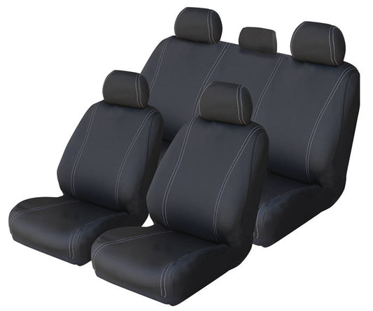 Velocity Neoprene Seat Covers Suits Mitsubishi Triton MV Dual Cab GLX / GLX+ / GLS / GSR 12/2023-On Black with White Stitch