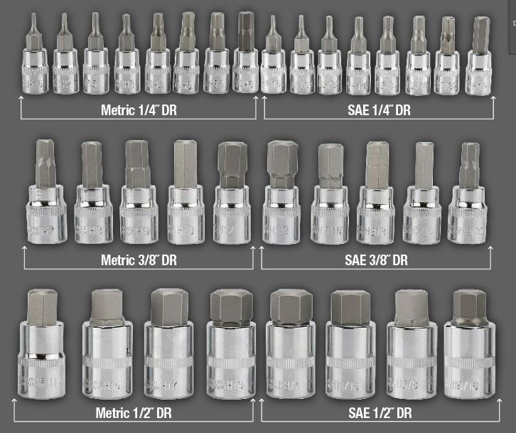 Socket Set - 34Pc 1/4 , 3/8  & 1/2  Dr Hex Bits Metric & Sae